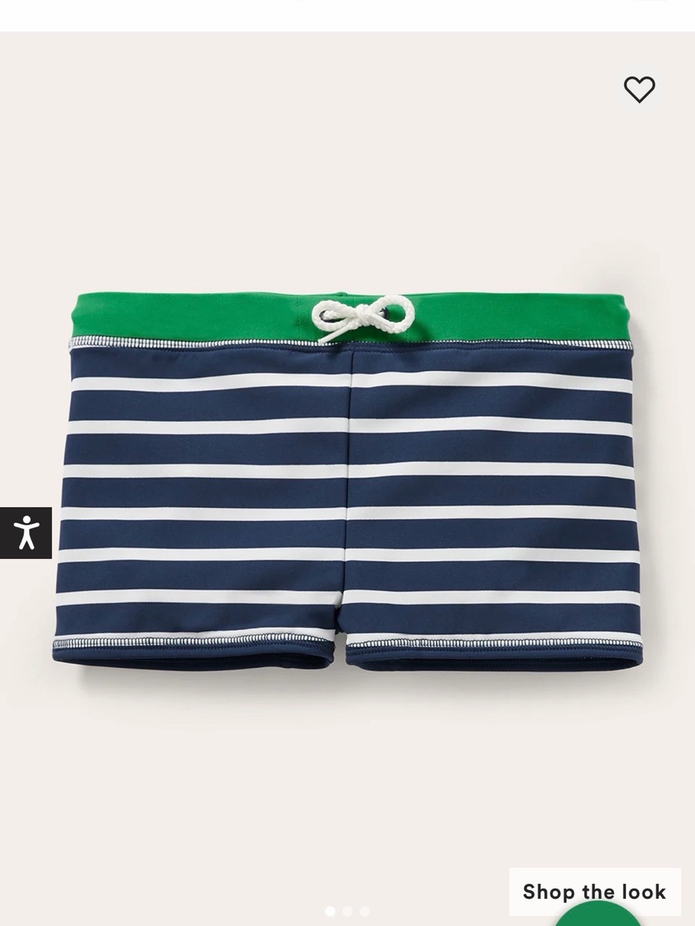 Mini Boden Navy and White Striped Boys Swim Trunks with Green Waistband